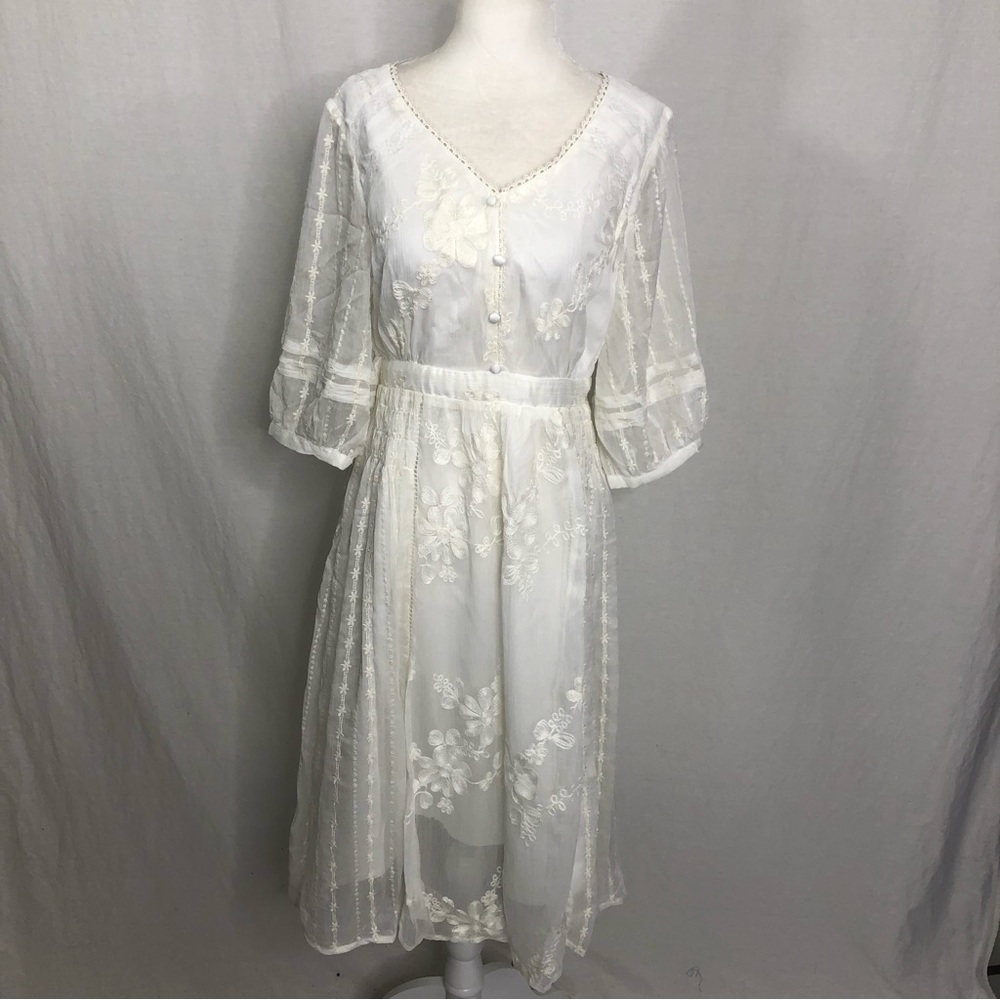 NEW Daxi Retro Styling Boho Floral Embroidered Lace Midi Dress Wedding, Large